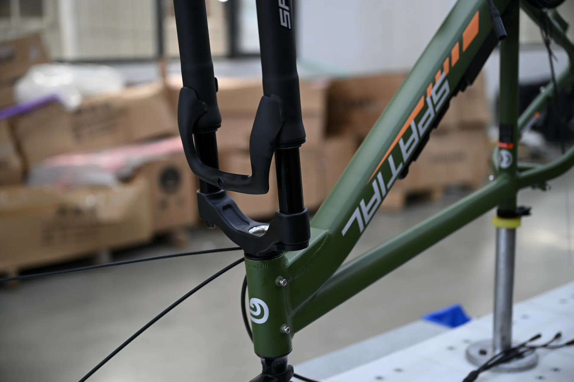 Electric bicycle frame detail in assembly