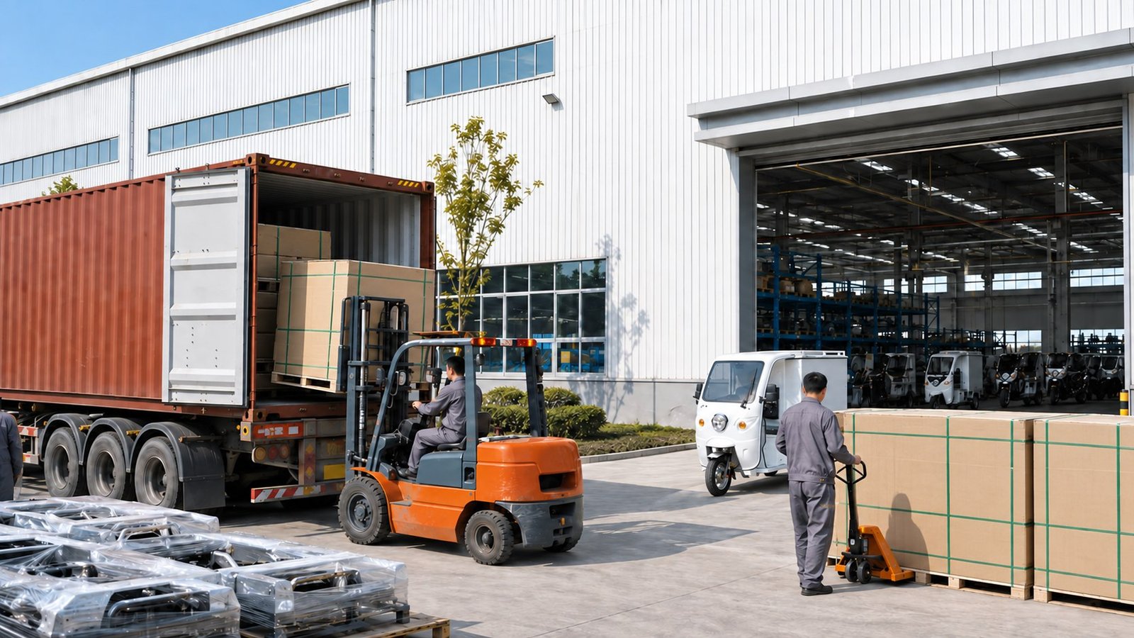 Palletized export cartons being loaded at a factory