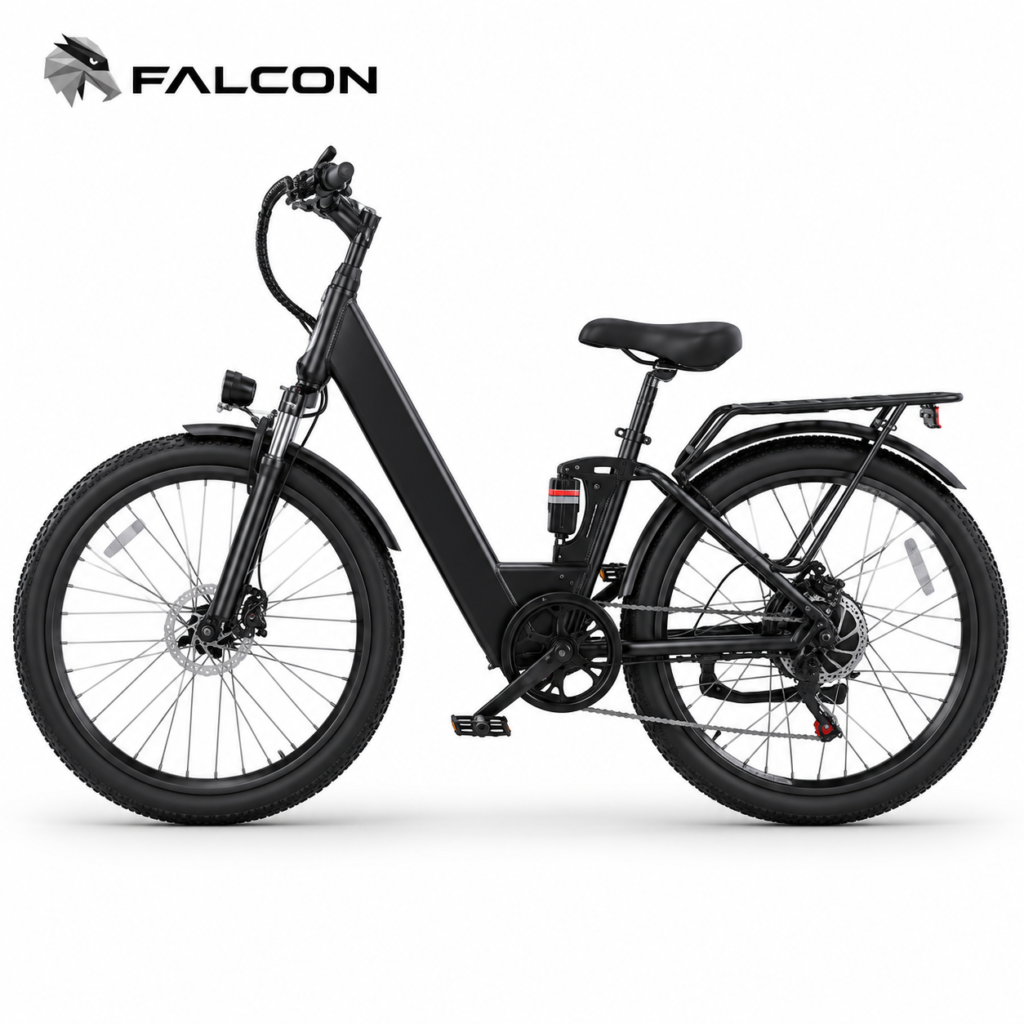 Black Step-Through Electric Commuter Bike with Rear Rack & Front Suspension-SLG