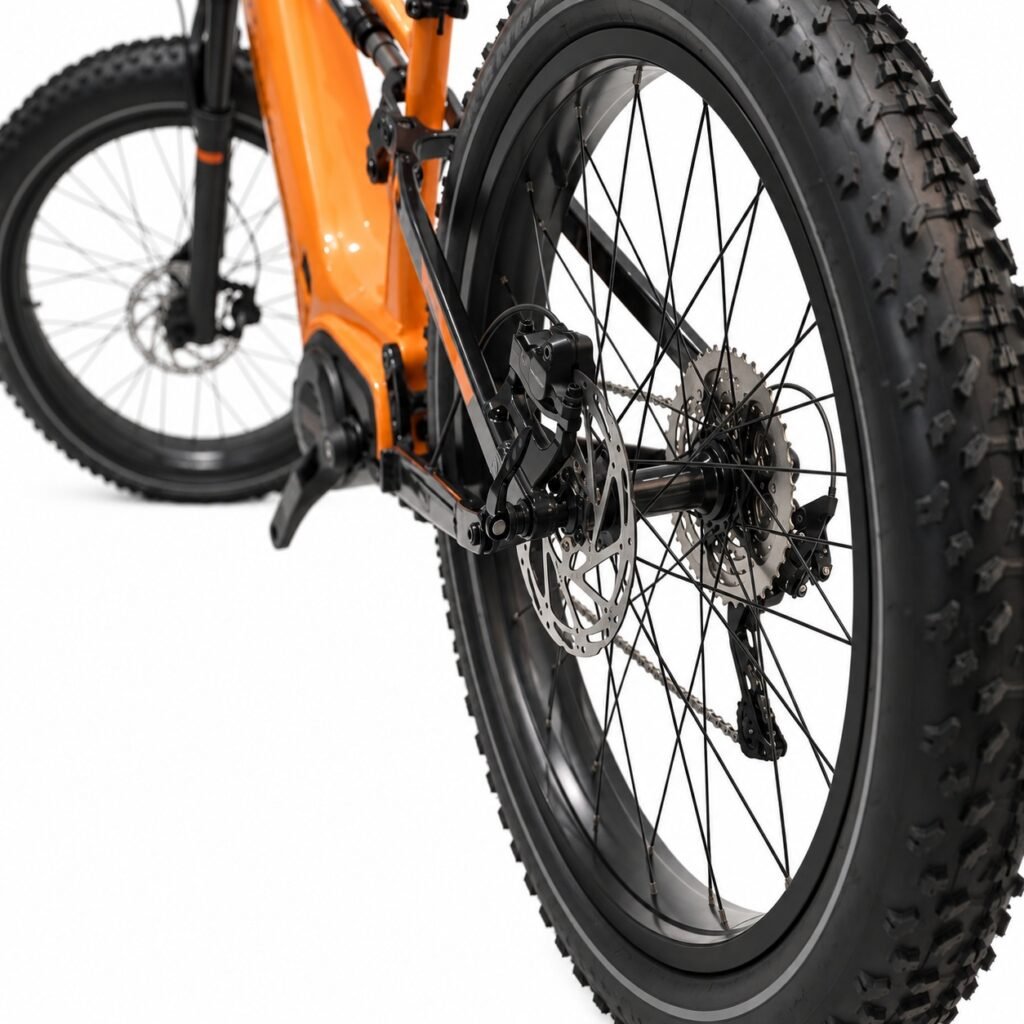FALCON ZR-CP059 wide rear tire, disc brake and mid-drive drivetrain detail