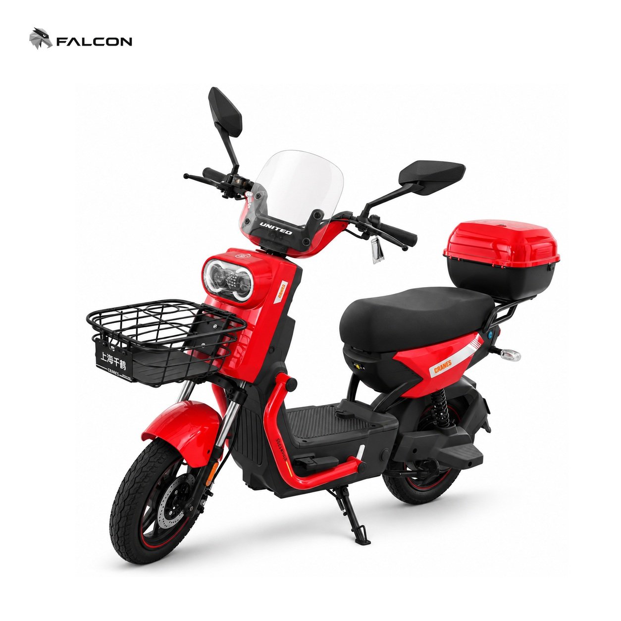 Red Urban Electric Scooter with Front Basket, Windshield & Rear Cargo Box-ZR-CP037 — view 1