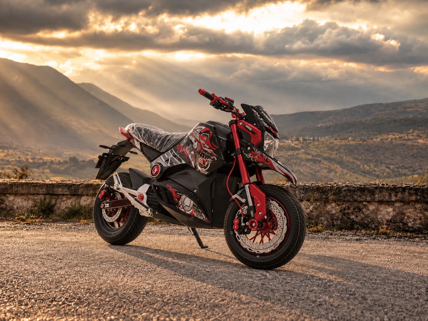 Red Sport Electric Motorcycle with Dual Disc Brakes & Street Tires-ZR-CP049