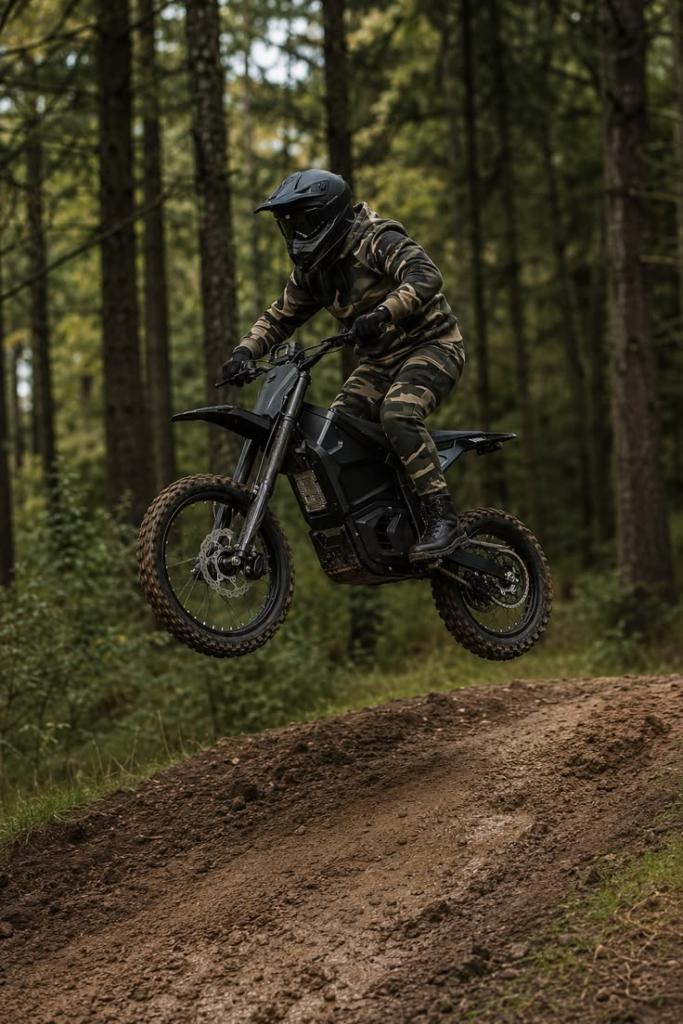 Helmeted rider on an electric dirt bike above a dirt trail in a forest