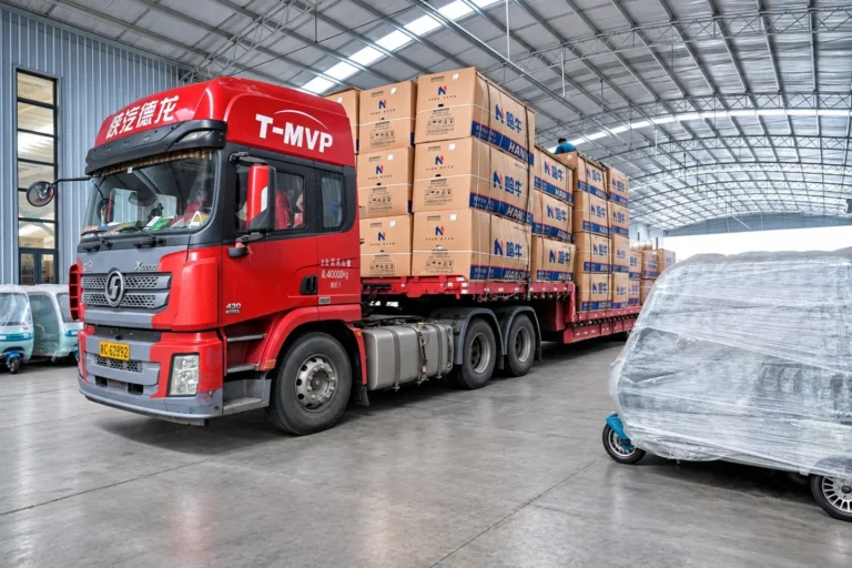 Boxed goods loaded onto a truck before dispatch.