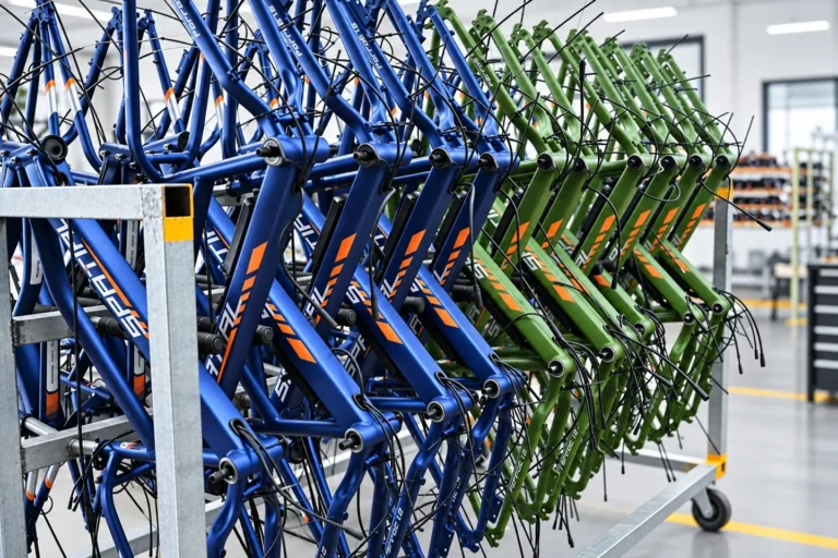 Frames with different colors and graphics prepared for assembly.