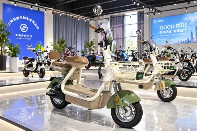 Commuter scooters with baskets and passenger seating on display.