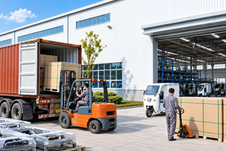 Boxed goods being moved into a container at the loading area.