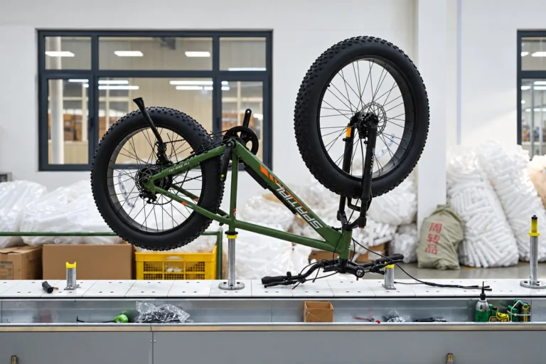 A fat-tire bicycle at an assembly workstation.
