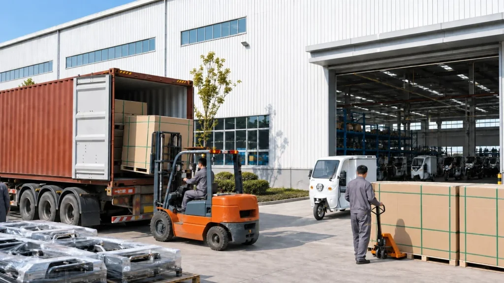 Packed goods and container loading during shipment preparation.