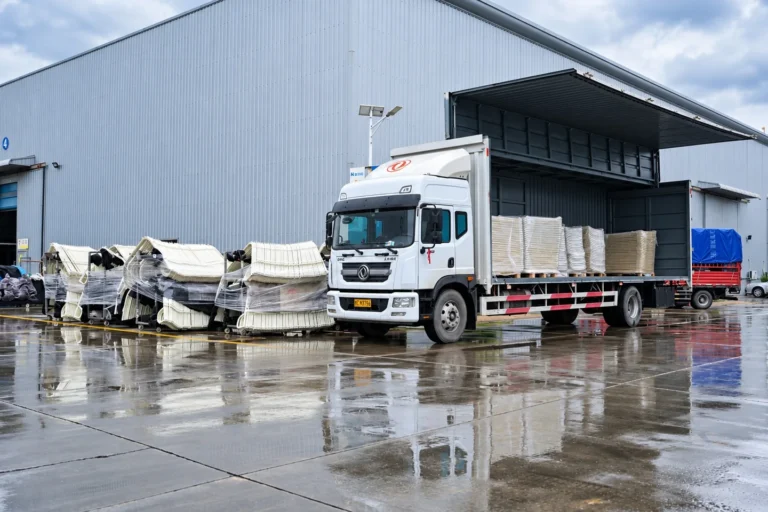 A truck and packed goods at the factory loading bay.