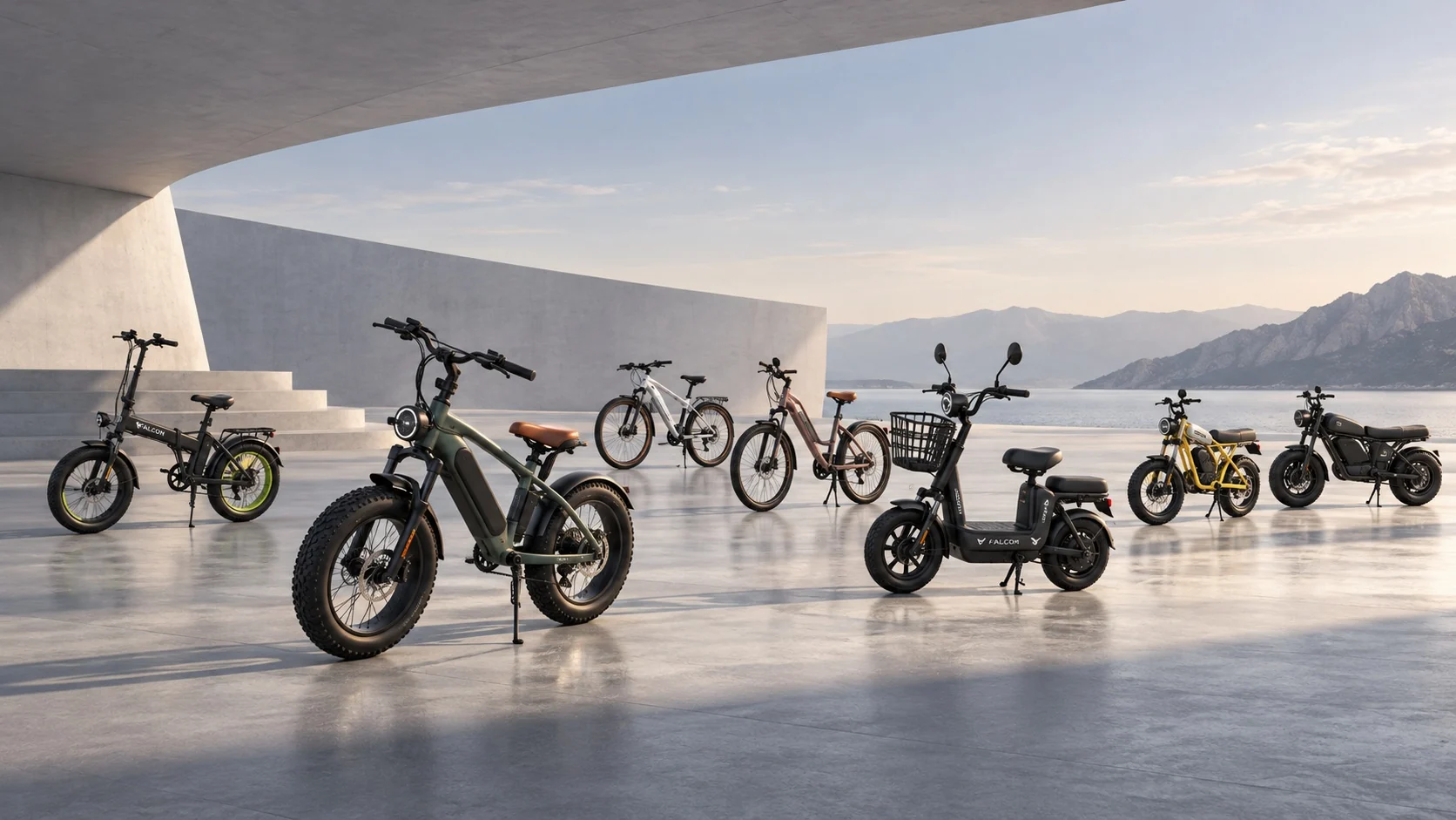 FALCON electric bike and scooter collection beside a lakeside terrace