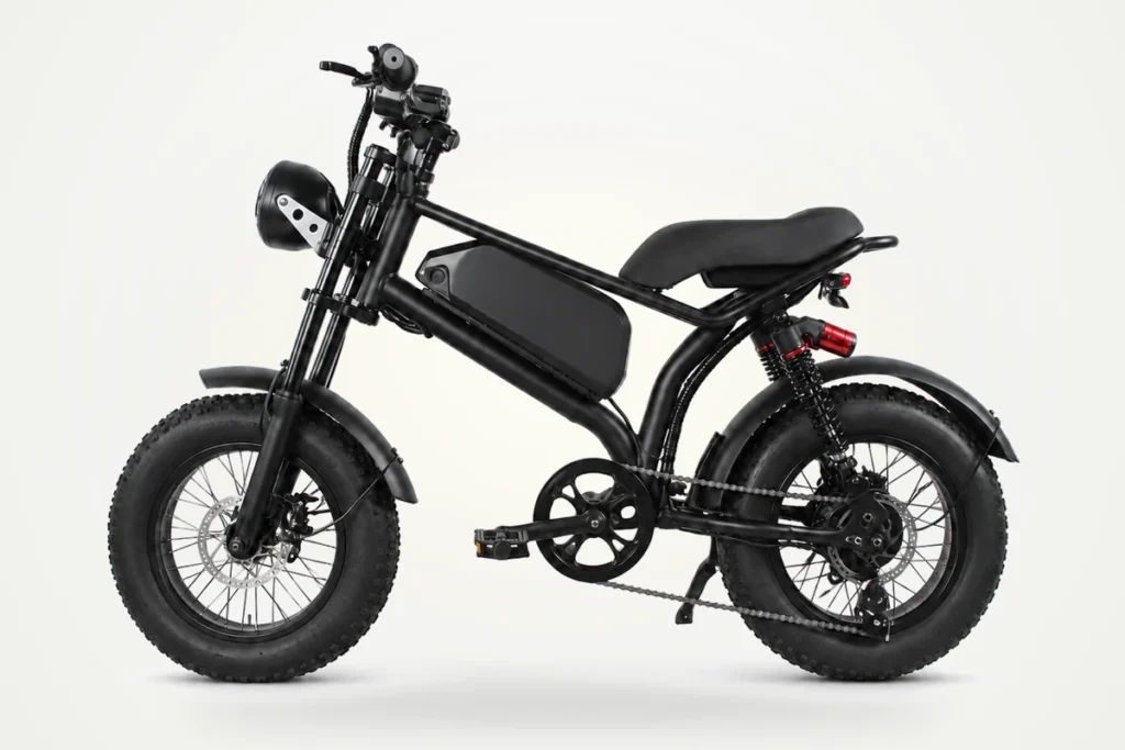 Fat tire electric bike off road market illustration showing a pedal-equipped bicycle with wide tires